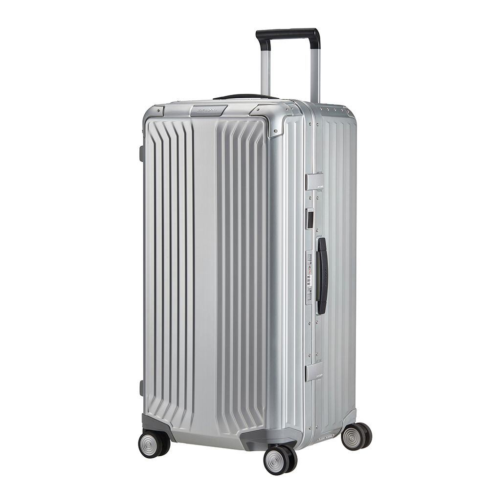 Samsonite Litebox 80cm aluminium trunk suitcase with a sleek design and sturdy handle for check-in travel.