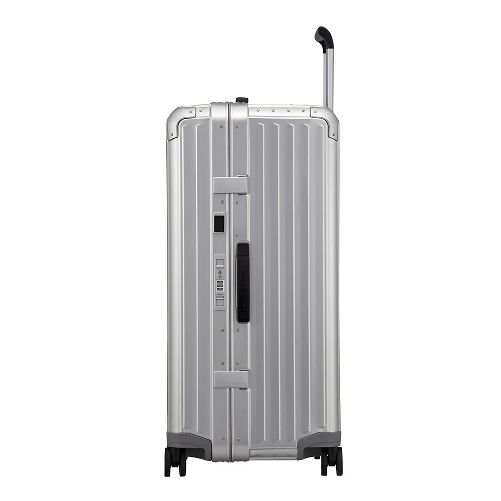 Samsonite Litebox 80cm aluminium check-in suitcase in sleek silver with a textured finish and sturdy handles.