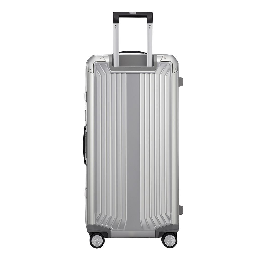 Samsonite Litebox 80cm aluminium check-in suitcase with a sleek design and durable exterior, shown from the side.