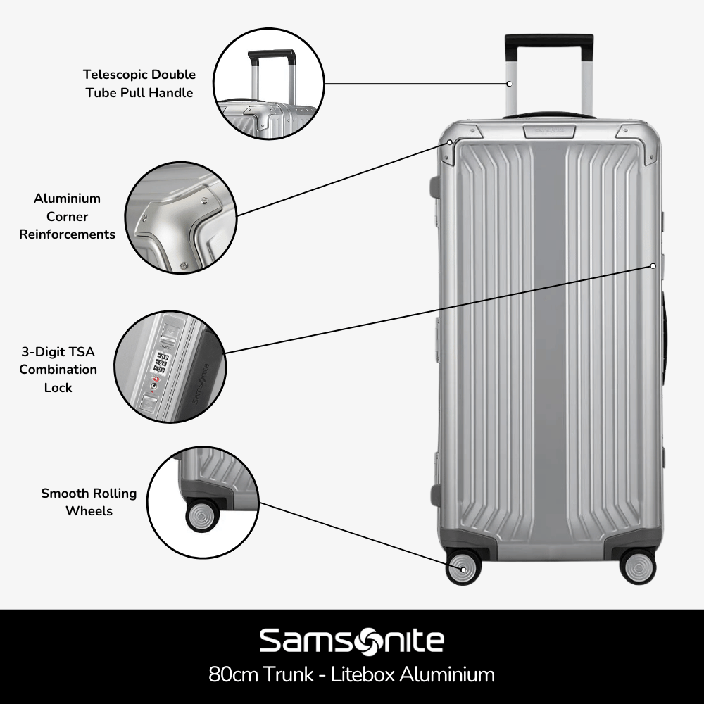 Samsonite Litebox Aluminium 80cm trunk suitcase with a sleek design and durable exterior, perfect for check-in luggage.