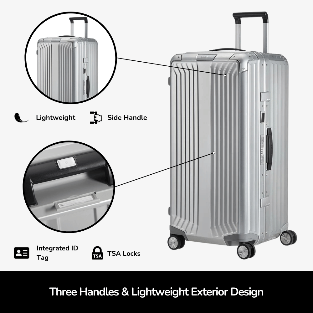 Samsonite Litebox Aluminium 80cm trunk suitcase with a sleek design and durable exterior for check-in travel.