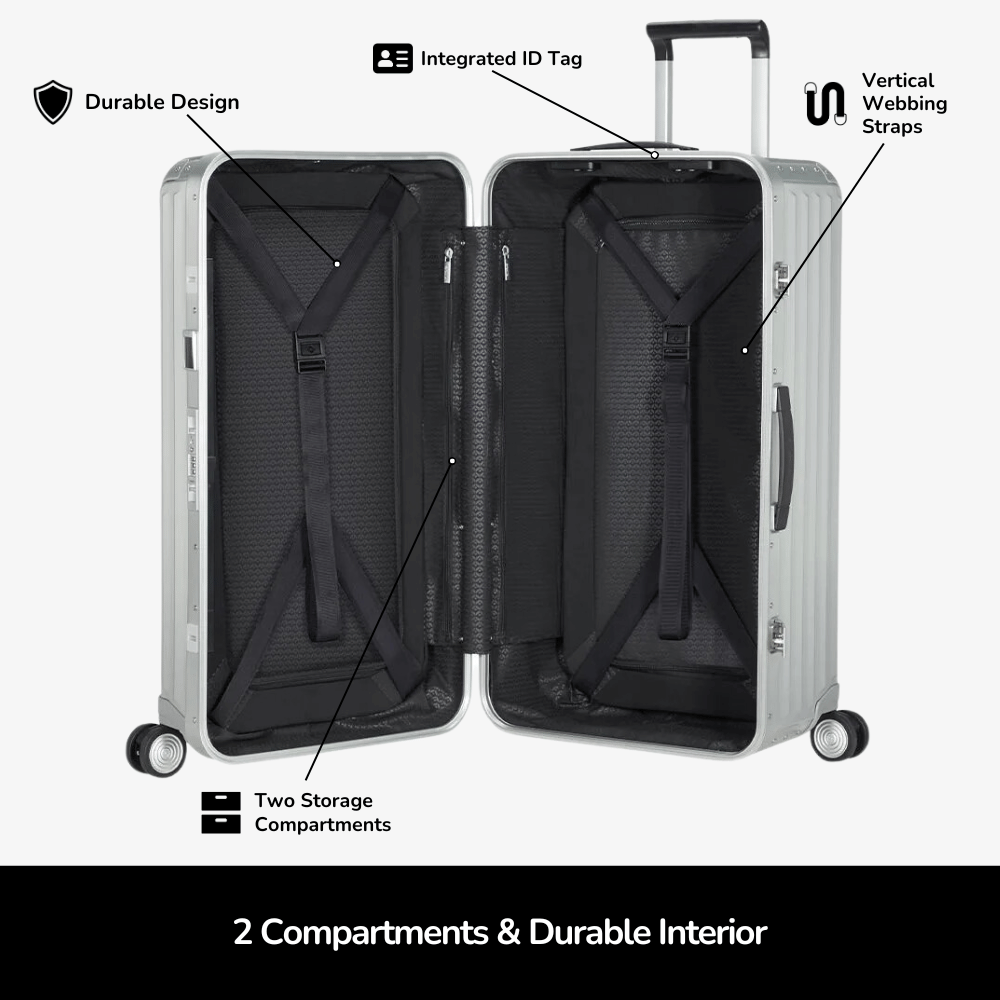 Samsonite Litebox Aluminium 80cm trunk suitcase with a sleek design and durable exterior, ideal for check-in luggage.