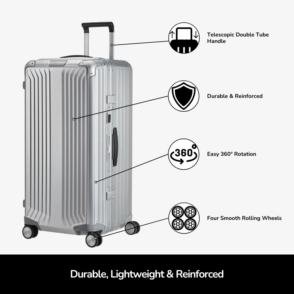 Samsonite Litebox Aluminium 80cm trunk suitcase with four wheels and a sleek design, ideal for check-in luggage.