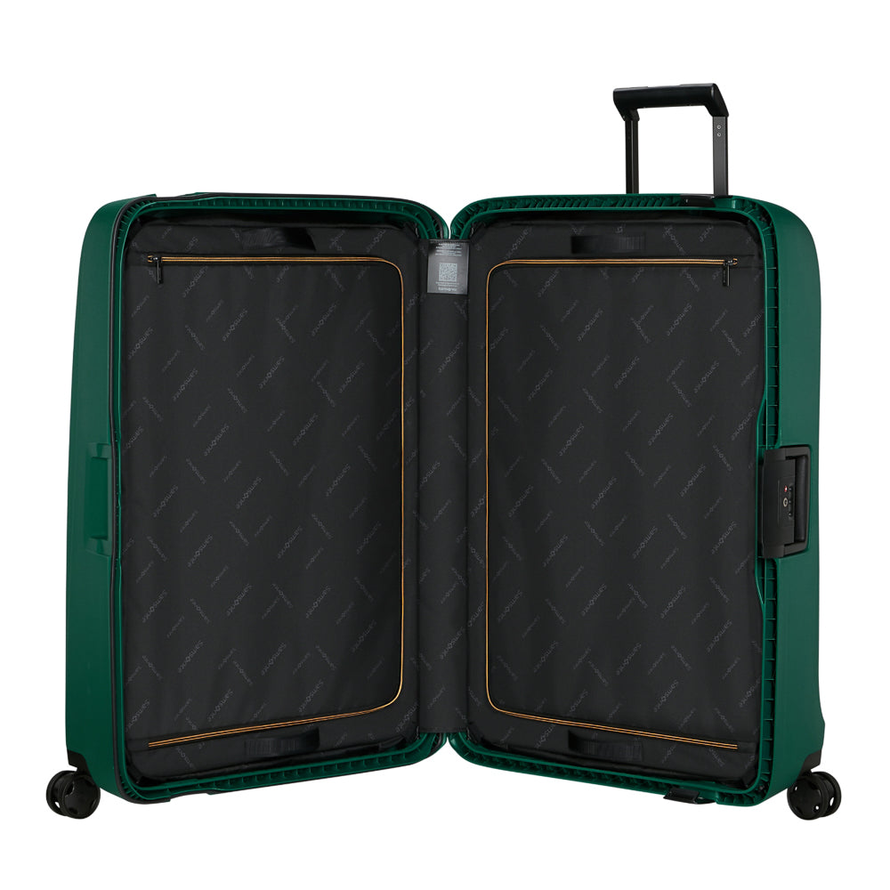 Essens 81cm spinner suitcase in alpine green, featuring a sleek design and durable exterior for check-in travel.