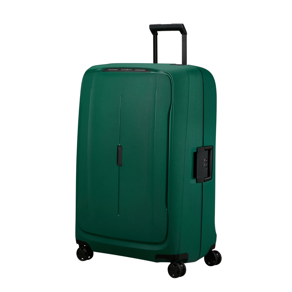 Alpine green Samsonite Essens 81cm spinner suitcase with four wheels and a spacious interior for travel.