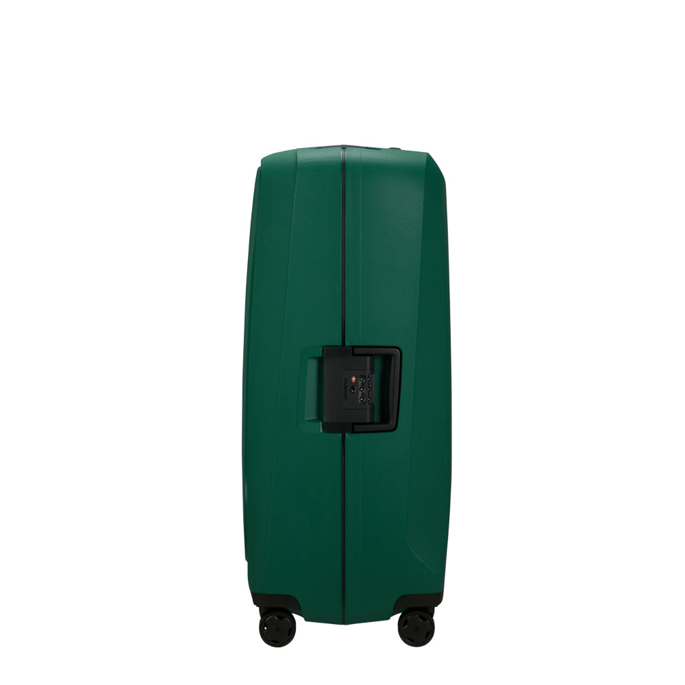 Essens 81cm spinner suitcase in alpine green, featuring four wheels and a durable design for check-in luggage.
