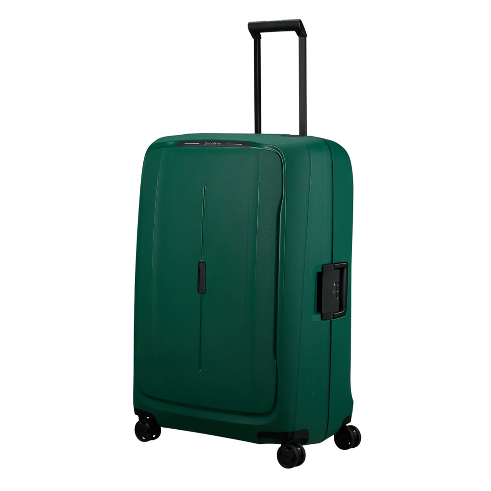 Essens 81cm spinner suitcase in alpine green with smooth wheels and sturdy handle for easy travel.