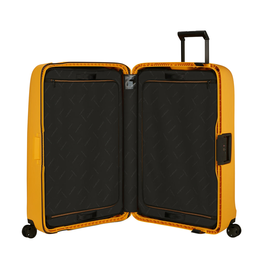 Radiant yellow 81cm Samsonite Essens spinner suitcase, showcasing its spacious design and durable wheels for travel.