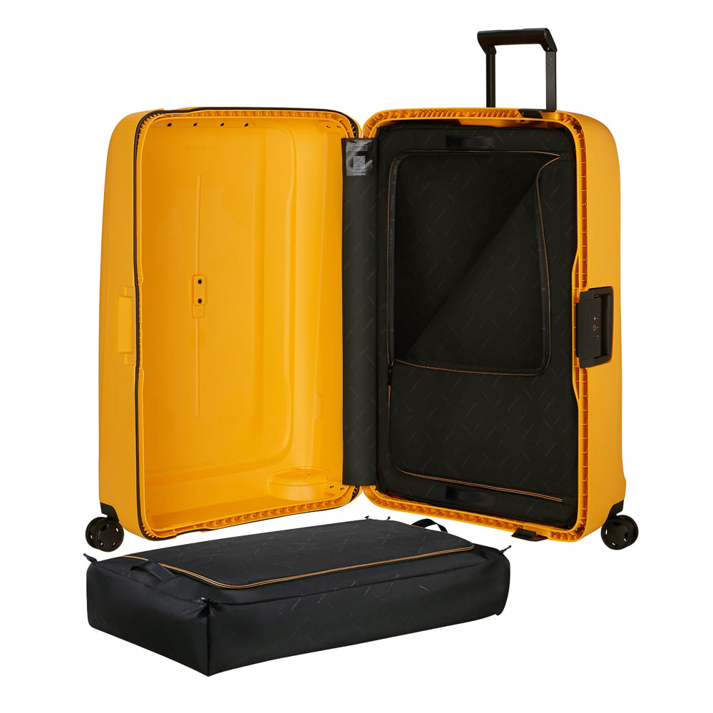 Radiant yellow 81cm Samsonite Essens spinner suitcase with wheels and handle for easy travel.