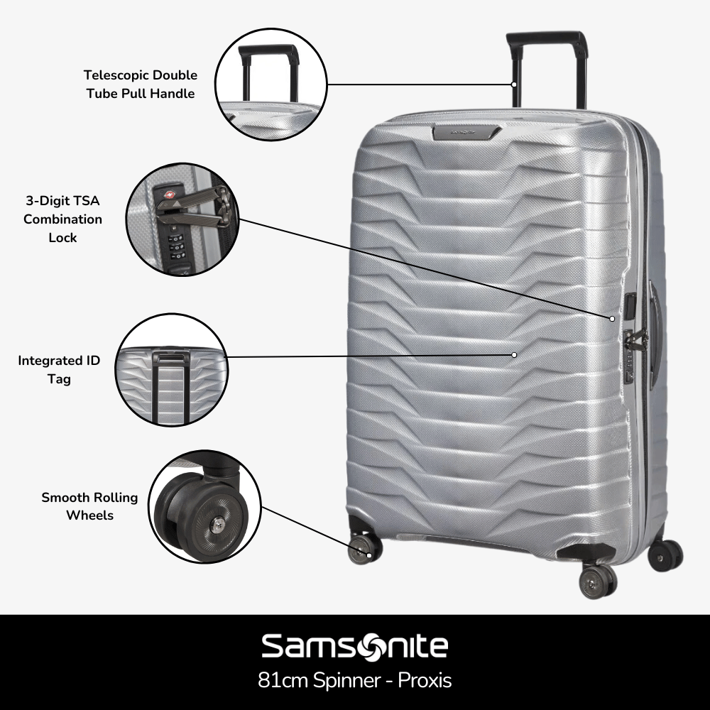Silver Samsonite Proxis 81cm spinner suitcase with smooth wheels and durable exterior, perfect for check-in luggage.