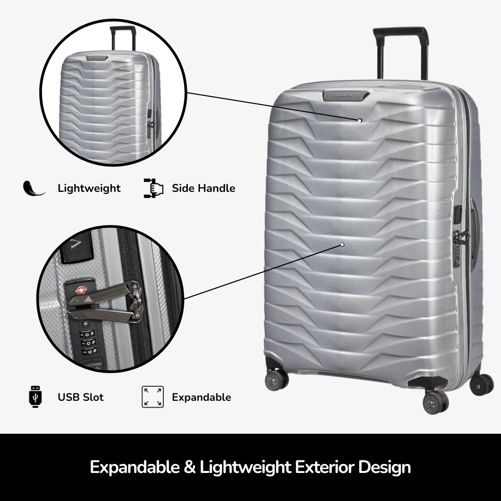 Silver Samsonite Proxis 81cm spinner suitcase with smooth wheels and durable exterior, perfect for check-in luggage.