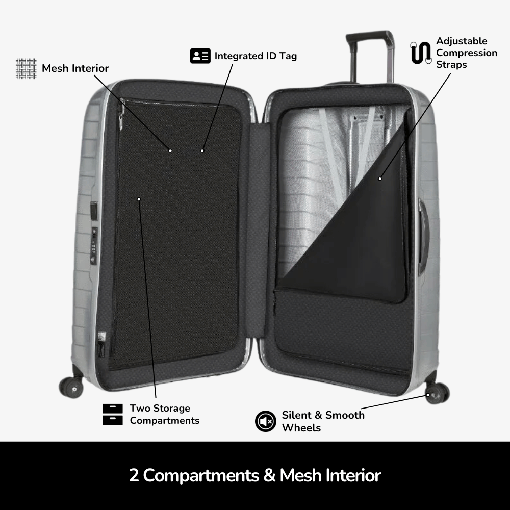 Silver Samsonite Proxis 81cm spinner suitcase with smooth wheels and durable exterior, perfect for check-in luggage.