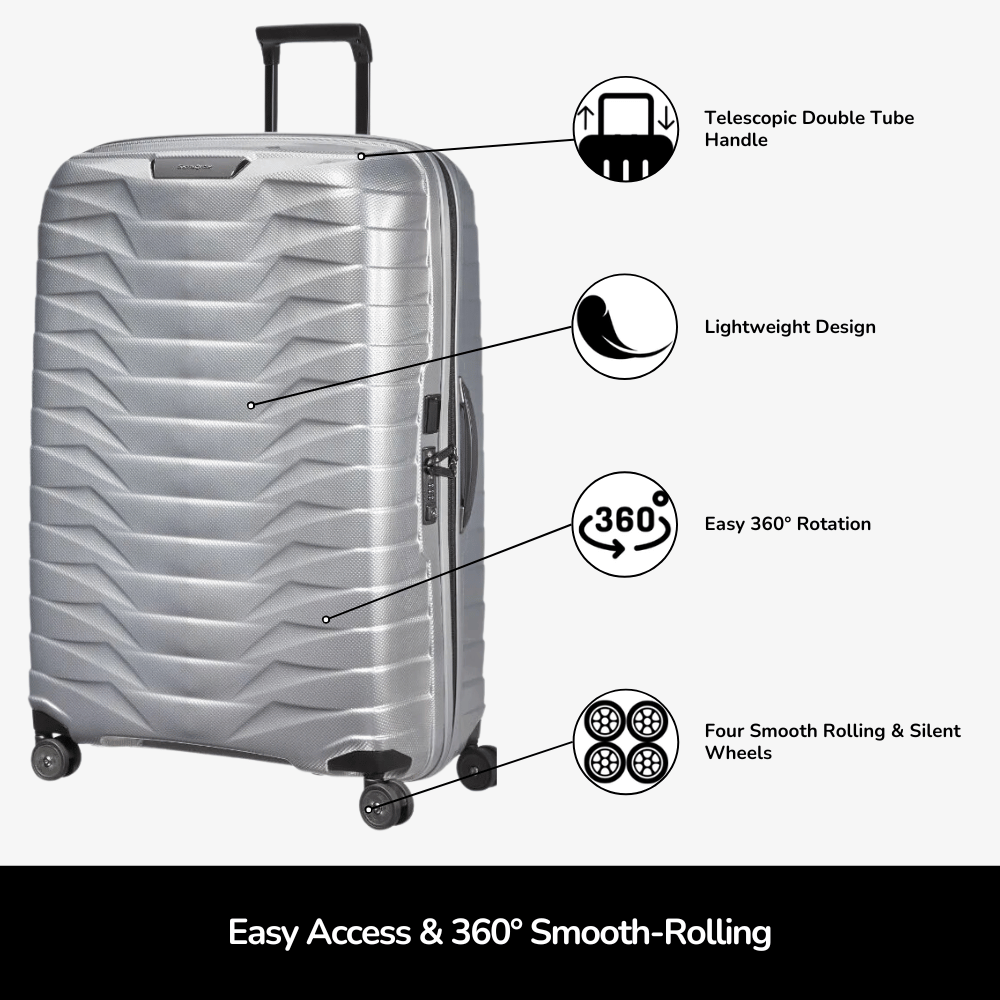 Silver Samsonite Proxis 81cm spinner suitcase with smooth wheels and durable exterior, perfect for check-in luggage.