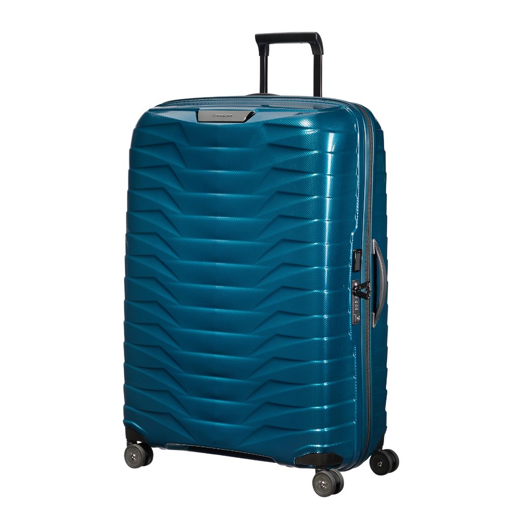 Petrol blue Samsonite Proxis 81cm spinner suitcase with four wheels and a sleek design, ideal for check-in luggage.