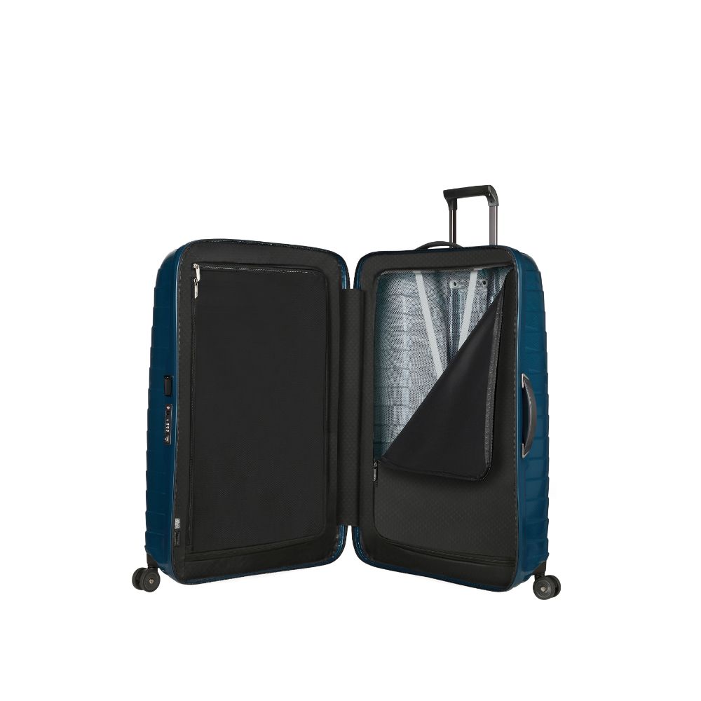 Petrol blue Samsonite Proxis 81cm spinner suitcase with four wheels and a sleek design, ideal for check-in luggage.