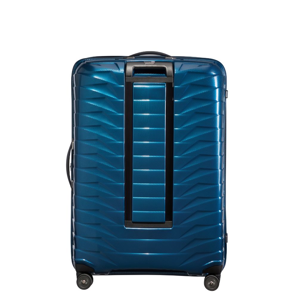 Petrol blue Samsonite Proxis 81cm spinner suitcase with four wheels and a sleek design, ideal for check-in luggage.