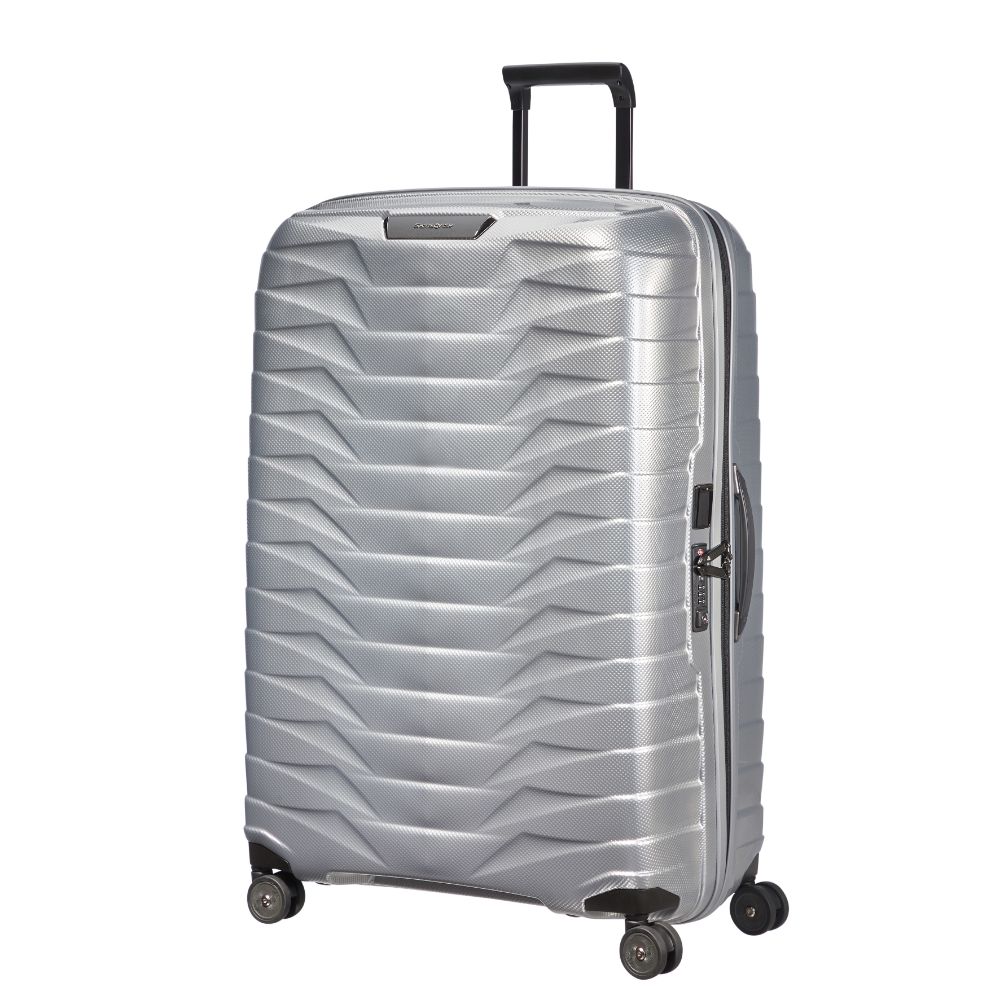 Silver Samsonite Proxis 81cm spinner suitcase with smooth wheels and durable exterior, perfect for check-in luggage.