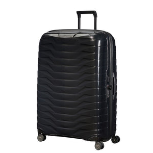 Black 81cm Samsonite Proxis spinner suitcase with four wheels and a sleek design, ideal for check-in luggage.