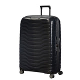 Black 81cm Samsonite Proxis spinner suitcase with four wheels and a sleek design, ideal for check-in luggage.