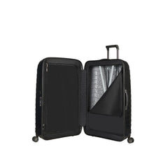 Black 81cm Samsonite Proxis spinner suitcase with four wheels and a sleek design, ideal for check-in luggage.