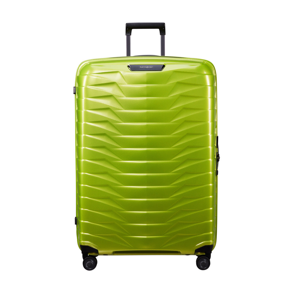 81cm Proxis spinner suitcase in lime green by Samsonite, showcasing a durable exterior and smooth wheels for easy travel.
