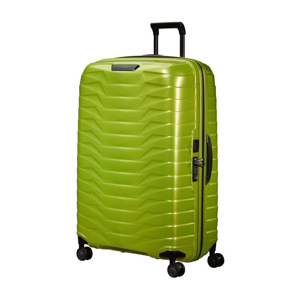 81cm Proxis spinner suitcase in lime green by Samsonite, showcasing a durable exterior and smooth wheels for easy travel.