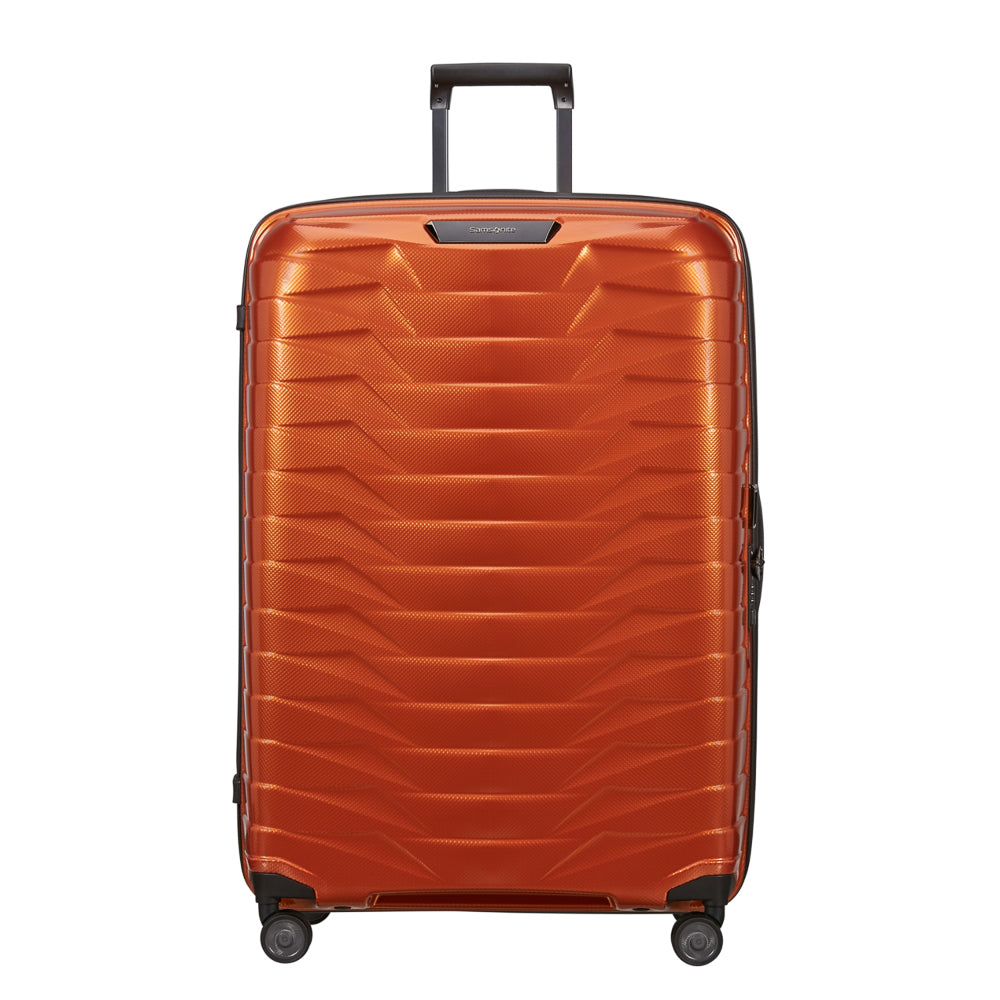 81cm Proxis spinner suitcase in flame color, showcasing durable design and smooth-rolling wheels for check-in luggage.
