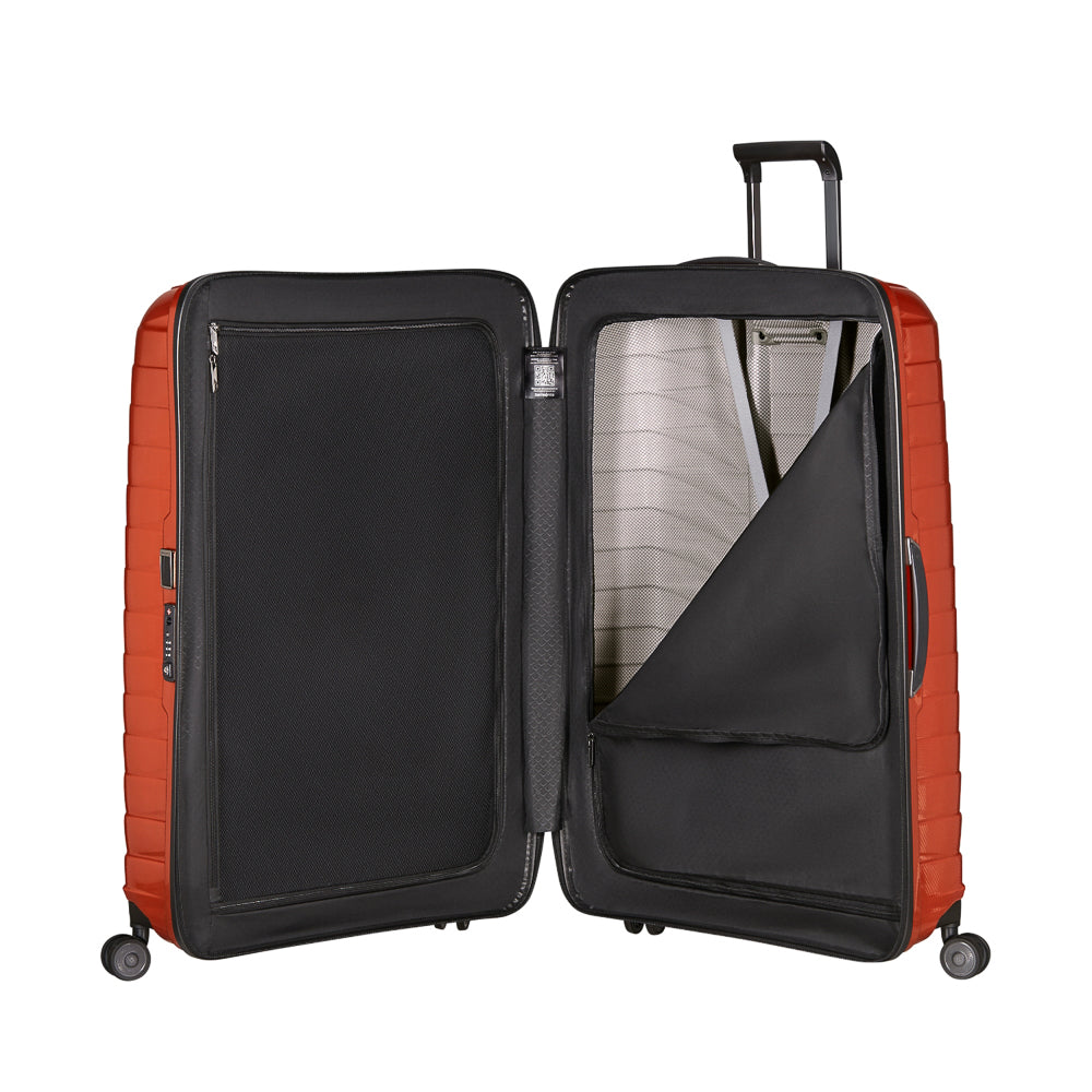 81cm Proxis spinner suitcase in flame color, showcasing durable design and smooth-rolling wheels for check-in luggage.