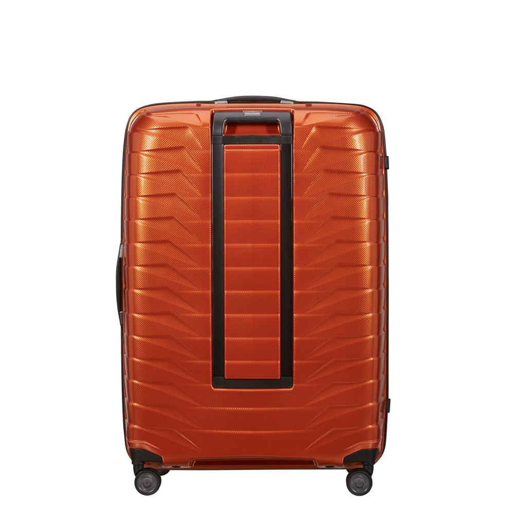 81cm Proxis spinner suitcase in flame color, showcasing durable design and smooth-rolling wheels for check-in luggage.