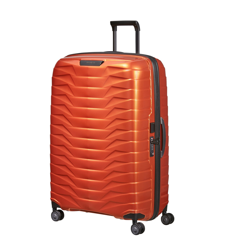 81cm Proxis spinner suitcase in flame color, showcasing durable design and smooth-rolling wheels for check-in luggage.