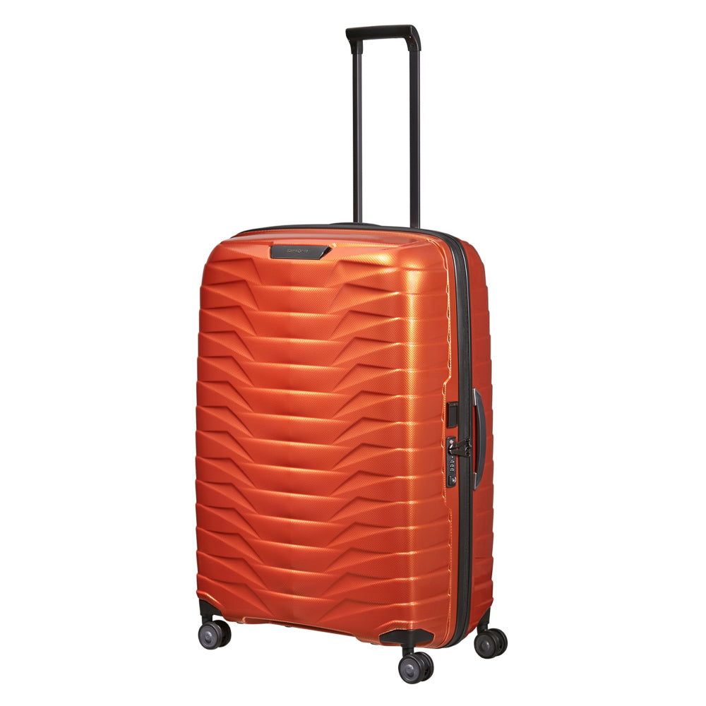 81cm Proxis spinner suitcase in flame color, showcasing durable design and smooth-rolling wheels for check-in luggage.