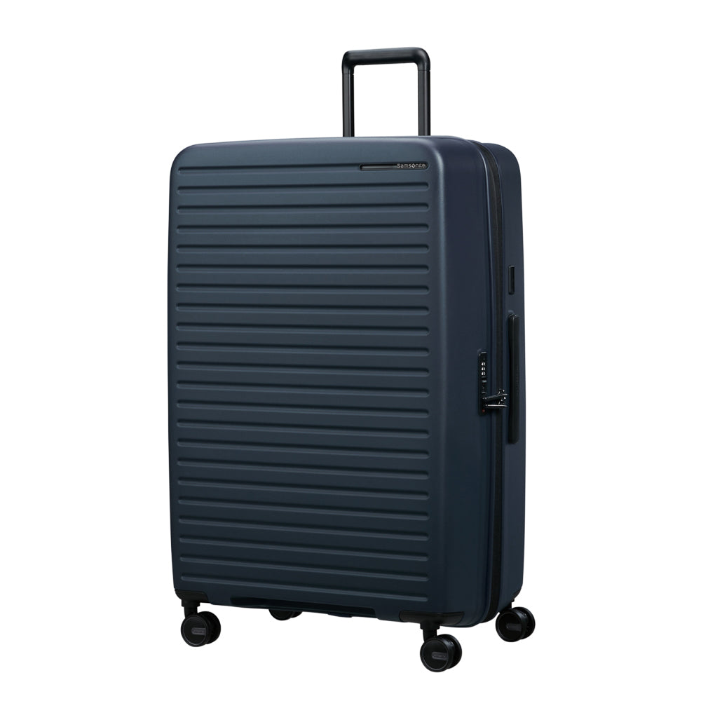 81cm Restackd Spinner Suitcase by Samsonite in midnight blue, showcasing wheels and expandable design for travel convenience.