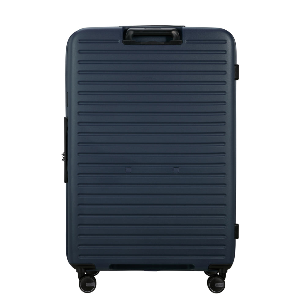 81cm Restackd Spinner Suitcase by Samsonite in midnight blue, showcasing wheels and expandable design for travel convenience.