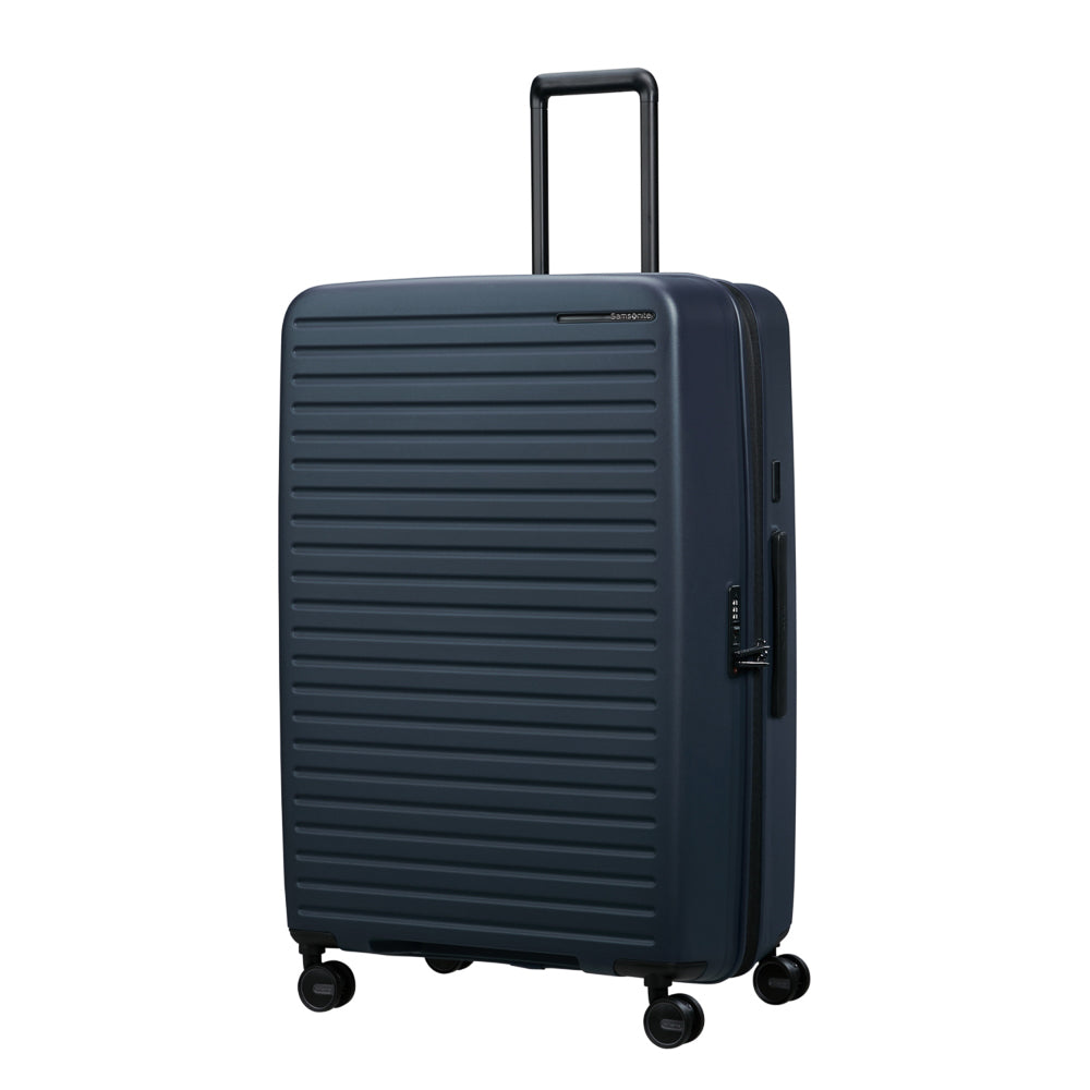 81cm Restackd Spinner Suitcase by Samsonite in midnight blue, showcasing wheels and expandable design for travel convenience.