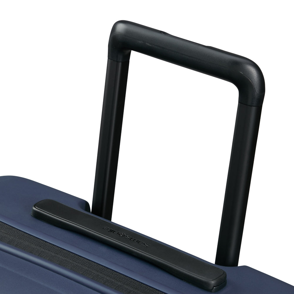 81cm Restackd Spinner Suitcase by Samsonite in midnight blue, showcasing wheels and expandable design for travel convenience.