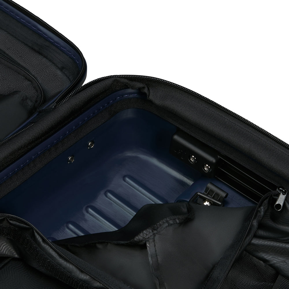 81cm Restackd Spinner Suitcase by Samsonite in midnight blue, showcasing wheels and expandable design for travel convenience.