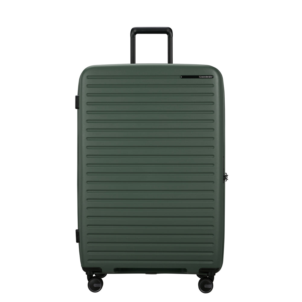 81cm Restackd Spinner Suitcase in sage green, featuring smooth wheels and a durable exterior for easy travel.