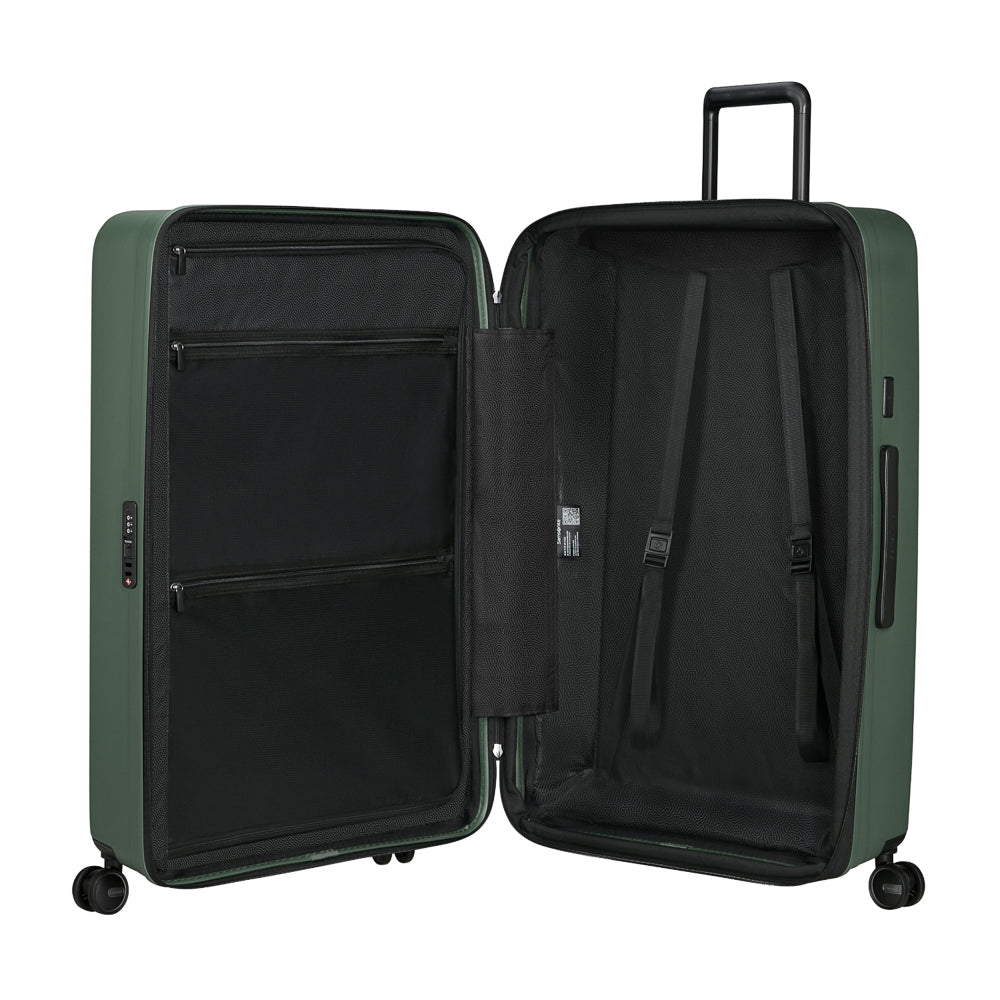 81cm Restackd Spinner Suitcase in sage green, featuring smooth wheels and a durable exterior for easy travel.