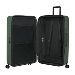 81cm Restackd Spinner Suitcase in sage green, featuring smooth wheels and a durable exterior for easy travel.