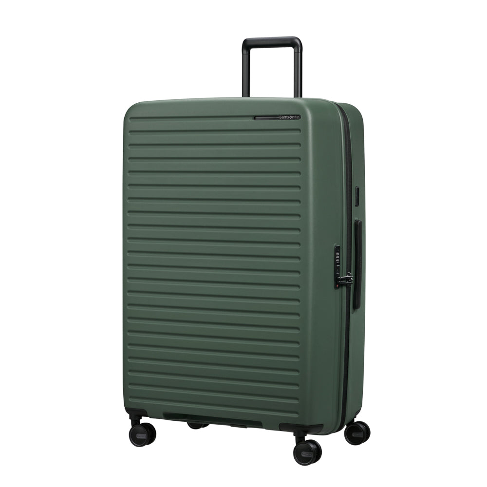 81cm Restackd Spinner Suitcase in sage green, featuring smooth wheels and a durable exterior for easy travel.
