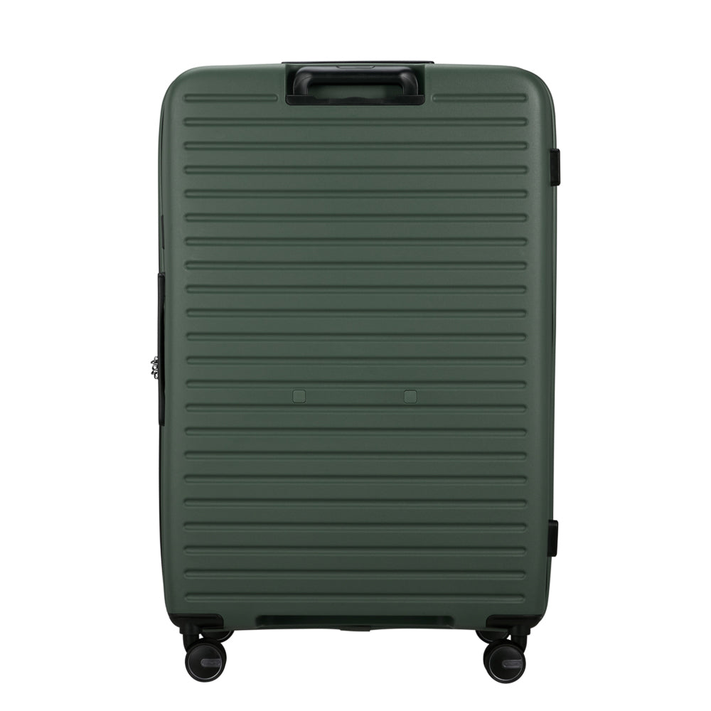 81cm Restackd Spinner Suitcase in sage green, featuring smooth wheels and a durable exterior for easy travel.