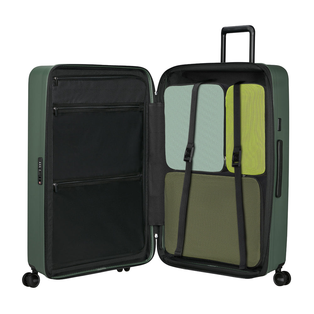 81cm Restackd Spinner Suitcase in sage green, featuring smooth wheels and a durable exterior for easy travel.