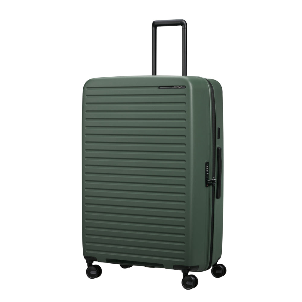 81cm Restackd Spinner Suitcase in sage green, featuring smooth wheels and a durable exterior for easy travel.