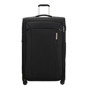 82cm Samsonite Respark spinner suitcase in sleek black, showcasing four wheels and spacious interior for check-in travel.