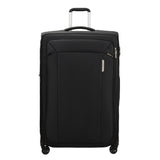 82cm Samsonite Respark spinner suitcase in sleek black, showcasing four wheels and spacious interior for check-in travel.
