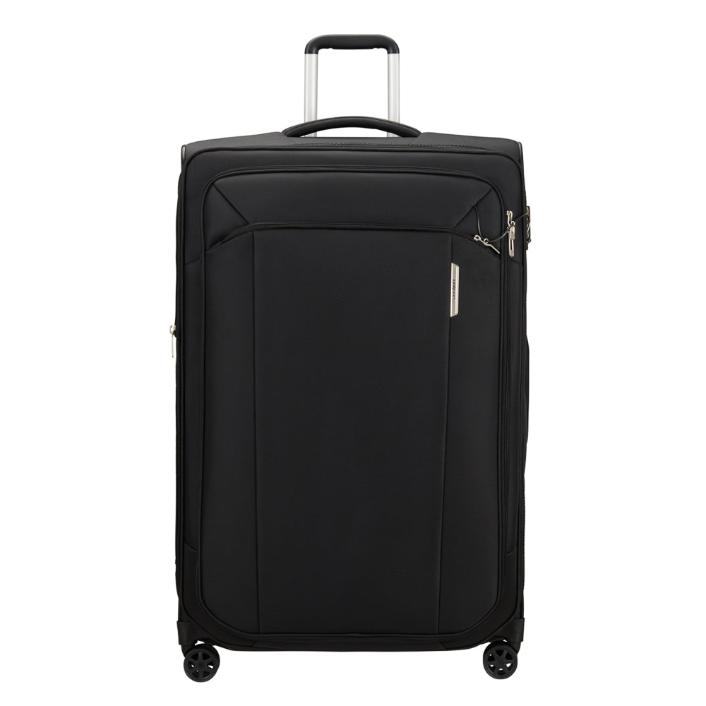 82cm Samsonite Respark spinner suitcase in sleek black, showcasing four wheels and spacious interior for check-in travel.