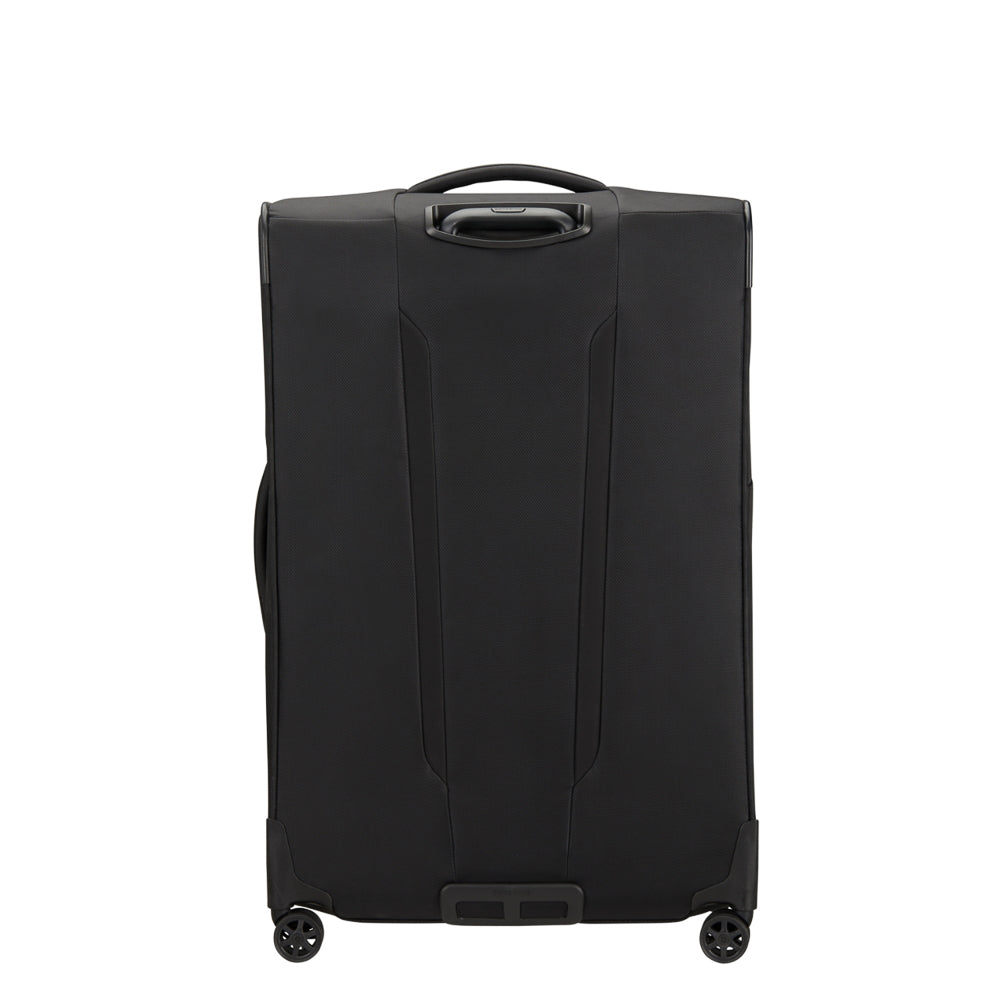 82cm black Samsonite Respark spinner suitcase with four wheels and a sturdy handle for easy travel.