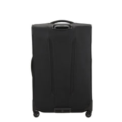 82cm black Samsonite Respark spinner suitcase with four wheels and a sturdy handle for easy travel.