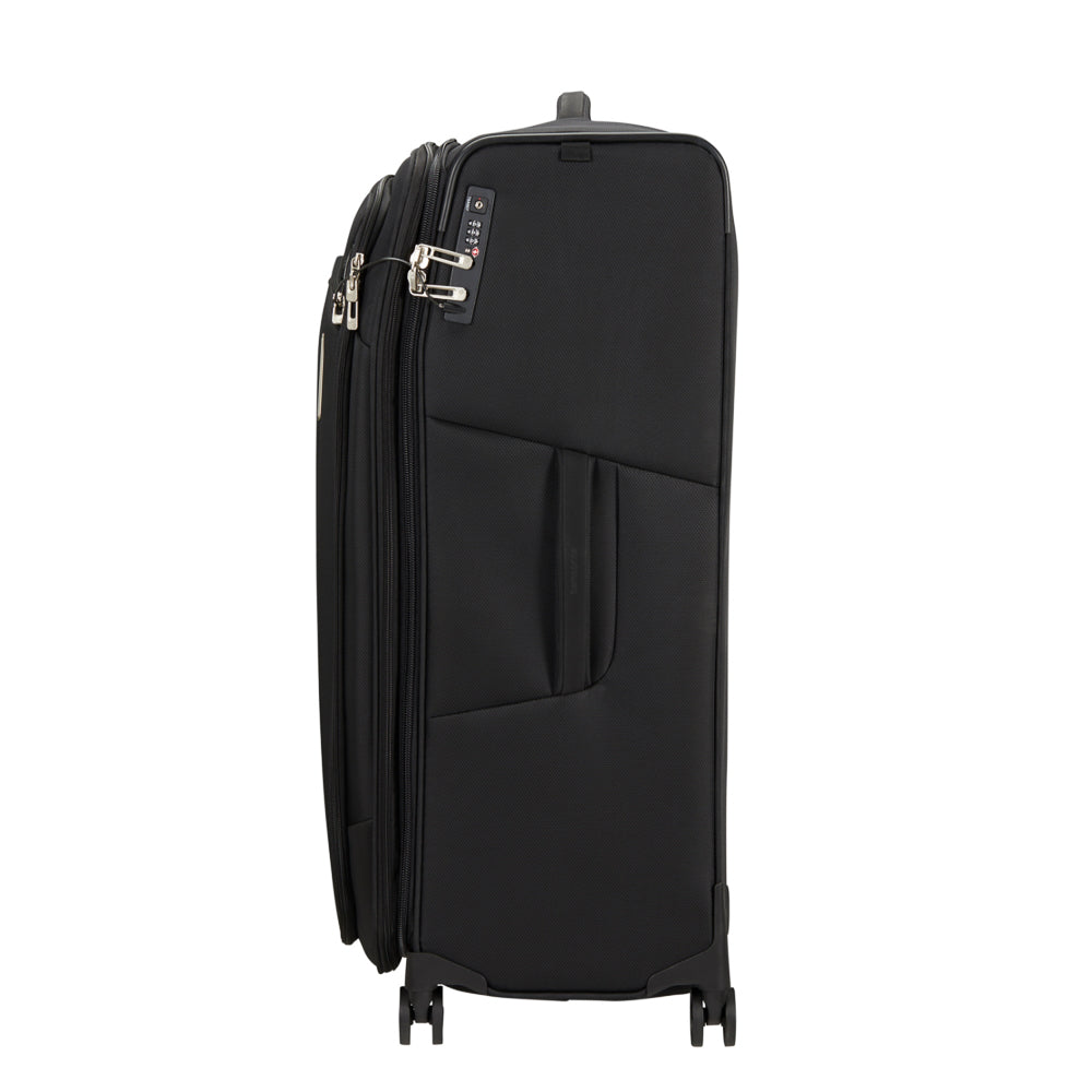 Black Samsonite Respark 82cm spinner suitcase, featuring four wheels and a sturdy handle, ideal for check-in luggage.