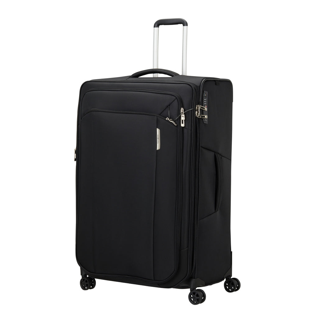 82cm Samsonite Respark spinner suitcase in black, featuring four wheels and a durable exterior for travel convenience.